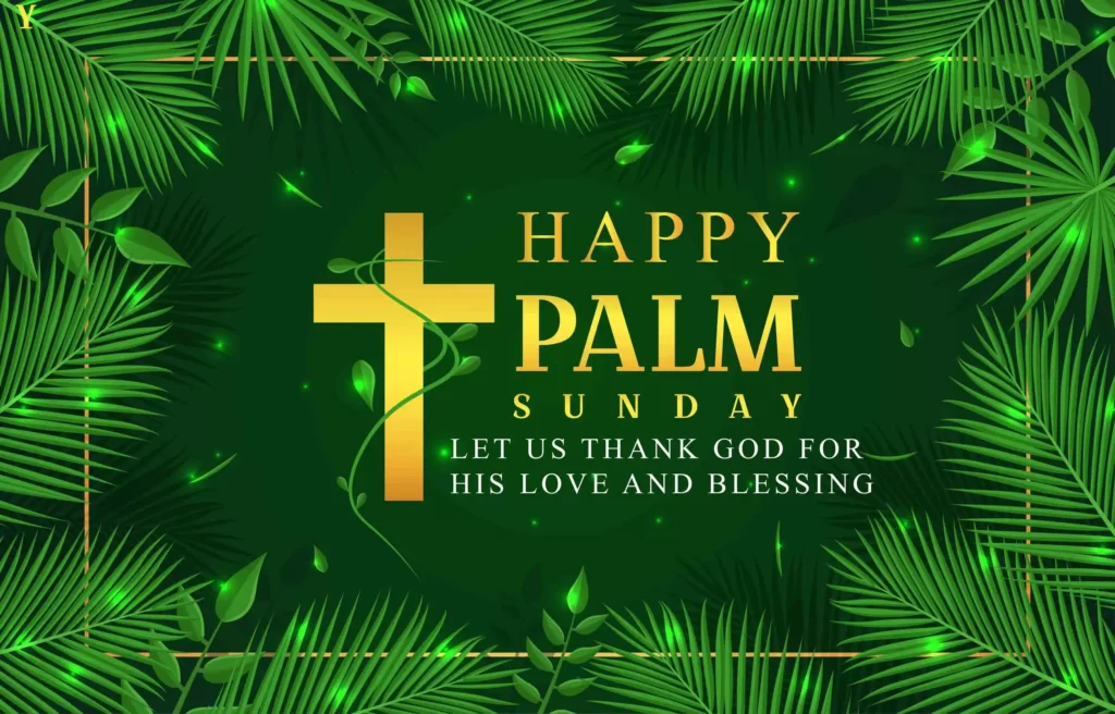 happy palm sunday text with palm leaves as border